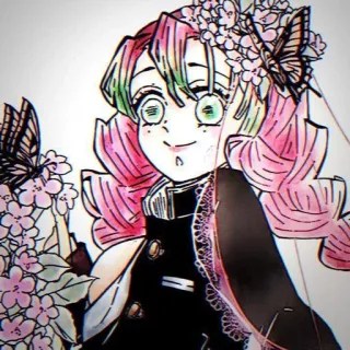 🎟 Mitsuri Kanroji Demon Slayer Anime, Manga, Demon Slayer, Mitsuri Kanroji, Farfalla, Fiori, Kawaii, Capelli rosa telegram sticker
