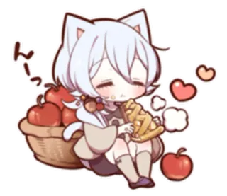 🍎 ドーン orejas de gato, chibi, anime, lindo, comiendo, kawaii, manzana, personaje telegram sticker