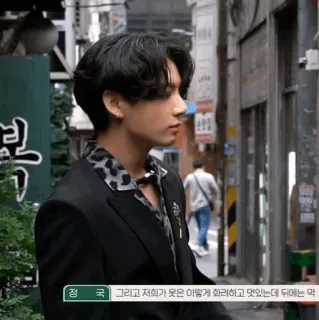 🕸 Jungkook 정국 그리고 저희가 옷은 이렇게 화려하고 멋있는데 뒤에는 막 kpop, cantor, retrato, celebridade, estilo telegram sticker