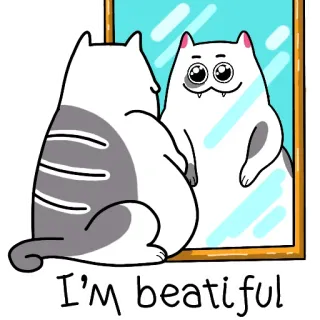 👑 I'm beatiful แมว, กระจก, ความงาม, น่ารัก, การ์ตูน telegram sticker