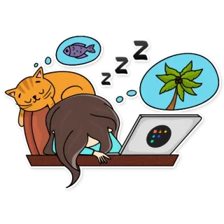 😴 ZZZ gatto, dormire, donna, pesce, palma, laptop, sognare, cartone animato, stanco telegram sticker