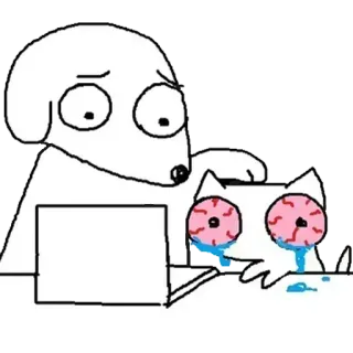 😔 desenho animado, cachorro, gato, triste, chorando, chateado, computador, arte digital telegram sticker