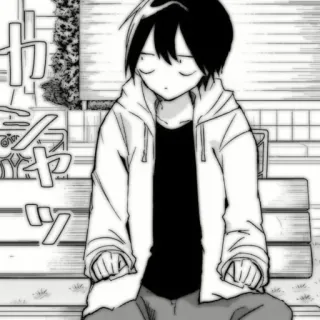 🗞 Anime, Mangá, Personagem, Menino, Ilustração, Monocromático, Sentado telegram sticker