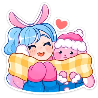 🤗 słodkie, zima, królik, serce, dziewczyna, szalik, różowy, kreskówka telegram sticker