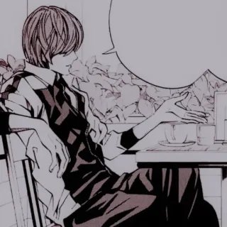 🕷 Light Yagami Death Note Anime, Manga, Personaggio, Death Note, Light Yagami, Seduto, Caffè telegram sticker