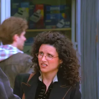 🙄 Elaine Benes Seinfeld mujer, pelo rizado, gafas, serie de tv, comedia, expresión, preocupada, reaccionando telegram sticker