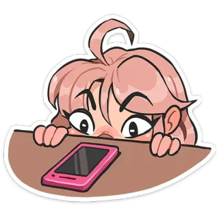 😑 Anime Mädchen, Handy, Gucken, Pinke Haare, Tisch, Cartoon, Sticker telegram sticker