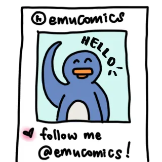 🙇‍♀️ HELLO emucomics, suivre, salut, dessin animé, mignon, réseaux sociaux telegram sticker