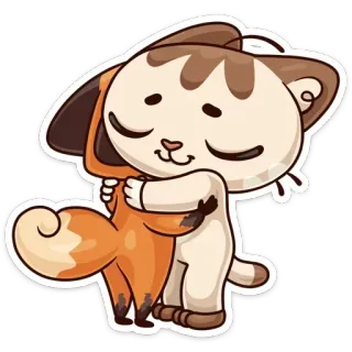 💑 gatto, volpe, abbraccio, animale, amicizia, carino, cartone animato, sticker telegram sticker