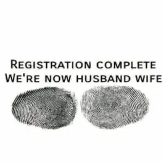 🙌 REGISTRATION COMPLETE WE'RE NOW HUSBAND WIFE ślub, małżeństwo, mąż, żona, odciski palców, rejestracja whatsapp sticker