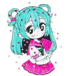 🍉 アニメガール, マンガ, かわいい, スイカ, カワイイ, イラスト telegram sticker