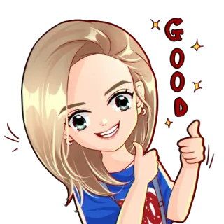 👍 GOOD thumbs up, positive, cartoon, sticker, blonde, girl whatsapp sticker