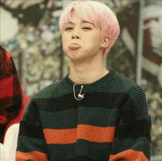 🍃 Jimin K-pop, BTS, penyanyi, idola, rambut pink, sweter whatsapp sticker
