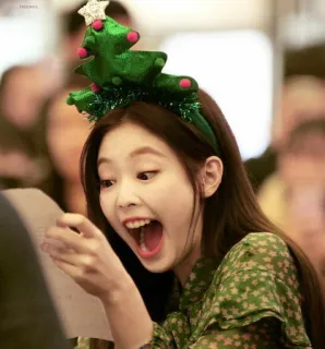 🦋 woman, christmas, happy, excited, christmas tree headband, indoor, young woman telegram sticker
