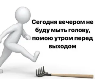 🤦‍♀ Сегодня вечером не буду мыть голову, помою утром перед выходом stick figure, rake, text, joke, humor, russian whatsapp sticker