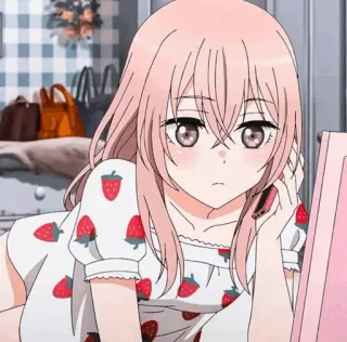 📓 Anime, Mädchen, Erdbeere, rosa Haare, süß telegram sticker