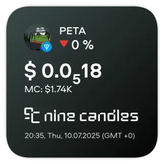 📊 PETA
▼0%
$0.0518
MC: $1.74K
nine candles
20:35, Thu, 10.07.2025 (GMT +0) meme, finance, cryptocurrency, stocks, market, trading telegram sticker