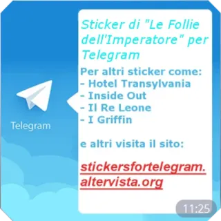 🇮🇹 The Emperor's New Groove Sticker di "Le Follie dell'Imperatore" per Telegram
Per altri sticker come:
- Hotel Transylvania
- Inside Out
- Il Re Leone
- I Griffin
e altri visita il sito:
stickersfortelegram.altervista.org Telegram, Stickers, Hotel Transilvânia, Divertida Mente, O Rei Leão, Uma Família da Pesada telegram sticker