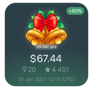 🔔 +80% 55 062 pcs $67.44 20 4 451 01 Jan 2027 13:13 (UTC) 铃铛, 圣诞节, 蝴蝶结, 节日, 装饰 telegram sticker