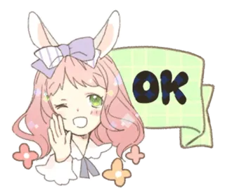🐰 OK ragazza anime, carino, orecchie da coniglio, OK, kawaii, adesivo telegram sticker