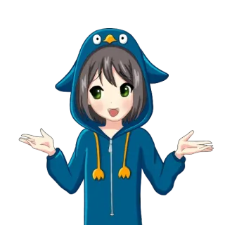 🤷‍♀ fille anime, costume pingouin, mignon, autocollant, dessin animé, illustration whatsapp sticker