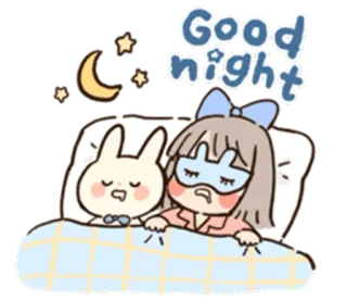 😴 Good night selamat malam, tidur, tempat tidur, kartun, kelinci, gadis, bulan, bintang whatsapp sticker