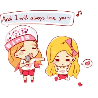 😌 And I will always love you ~ fofo, meninas, amor, desenho animado, chibi, cantando, coração whatsapp sticker