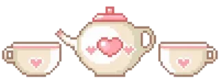 🤎 teapot, tea cups, pixel art, heart, cute, kawaii, tea telegram sticker