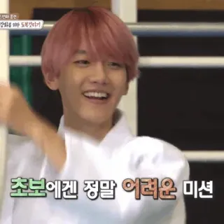 ☁️ 초보에겐 정말 어려운 미션 person, man, korean, smiling, pink hair, martial arts, uniform telegram sticker