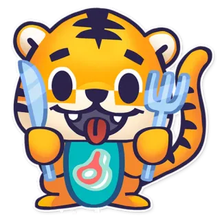😌 tigre, animal, desenho animado, garfo, faca, carne telegram sticker