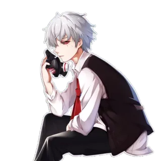 😒 Anime, Manga, Pelo blanco, Máscara, Ojos rojos, Chico, Sentado telegram sticker