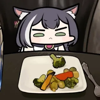 😑 anime, telinga kucing, sayuran, brokoli, makan malam, bosan, makanan telegram sticker