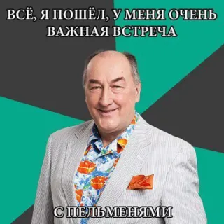 🥟 ВСЁ, Я ПОШЁЛ, У МЕНЯ ОЧЕНЬ ВАЖНАЯ ВСТРЕЧА С ПЕЛЬМЕНЯМИ Meme, Russo, Texto, Pelmeni, Reunião telegram sticker