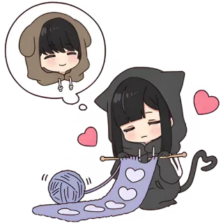 😍 милый, аниме, вязание, сердечки, кот, девушка telegram sticker
