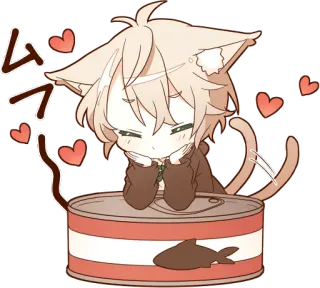 💕 ムフフ кот, аниме, милый, каваий, сердечки, чиби, кошачьи уши, рыба whatsapp sticker