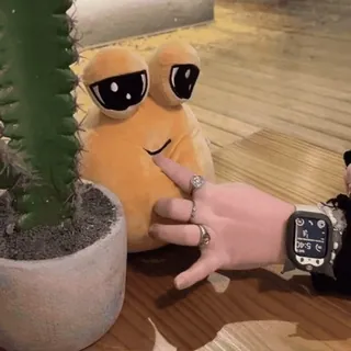 😀 plush toy, cactus, hand, table, indoor, plant telegram sticker