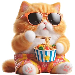 🍜 mèo, mì, kính râm, mùa hè, đồ ăn, mèo hoạt hình telegram sticker