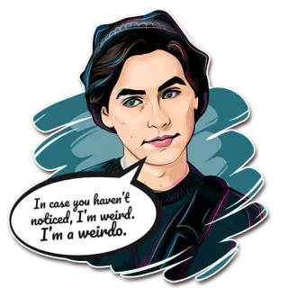 😏 Jughead Jones Riverdale In case you haven't noticed, I'm weird. I'm a weirdo. Ривердейл, Джагхед Джонс, Подростковая драма, Комикс, Сериал, Чудик telegram sticker