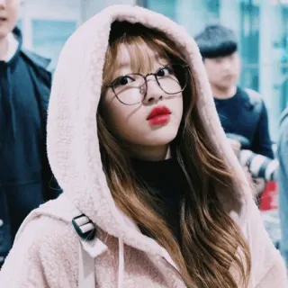 🗝 woman, hoodie, glasses, portrait, cute, red lipstick, portrait, asian telegram sticker