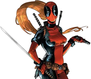 😁 Deadpool deadpool, marvel, comic, superhero, weapon, sword, gun, female telegram sticker