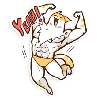 😄 YEAH! gatto, muscoloso, divertente, adesivo, cartone animato, eccitato whatsapp sticker