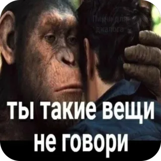 🤫 Ты такие вещи не говори meme, mono, abrazo, el planeta de los simios, ruso, texto, película telegram sticker