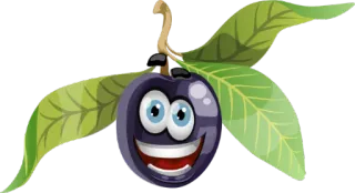 😃 frutta, prugna, cartone animato, carino, foglie, cibo whatsapp sticker