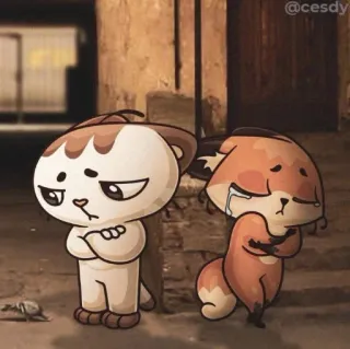 😔 猫, 狐狸, 伤心, 哭, 动物, 卡通 telegram sticker