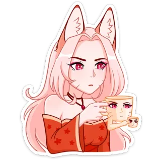 😑 anime, fox girl, pink hair, cartoon, character, kawaii whatsapp sticker