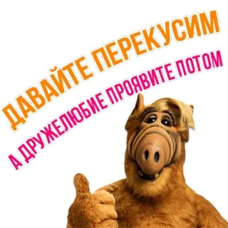 🍿 Alf ДАВАЙТЕ ПЕРЕКУСИМ
А ДРУЖЕЛЮБИЕ ПРОЯВИТЕ ПОТОМ Alf, Personagem de desenho animado, Polegar para cima, Alien, Fofo, Engraçado telegram sticker