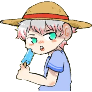 😗 애니메이션, 소년, 아이스바, 귀여운, 여름, 밀짚모자 whatsapp sticker