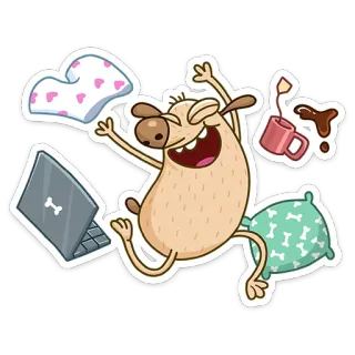 ☺️ chó, hoạt hình, máy tính xách tay, gối, giường, hài hước, trà telegram sticker