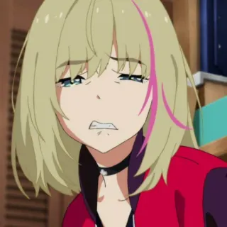 🍒 ragazza anime, capelli biondi, ciocca rosa, triste, piangente telegram sticker