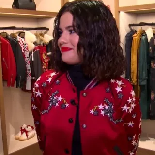 👜 Selena Gomez celebridad, moda, estilo, chaqueta roja, Selena Gomez telegram sticker
